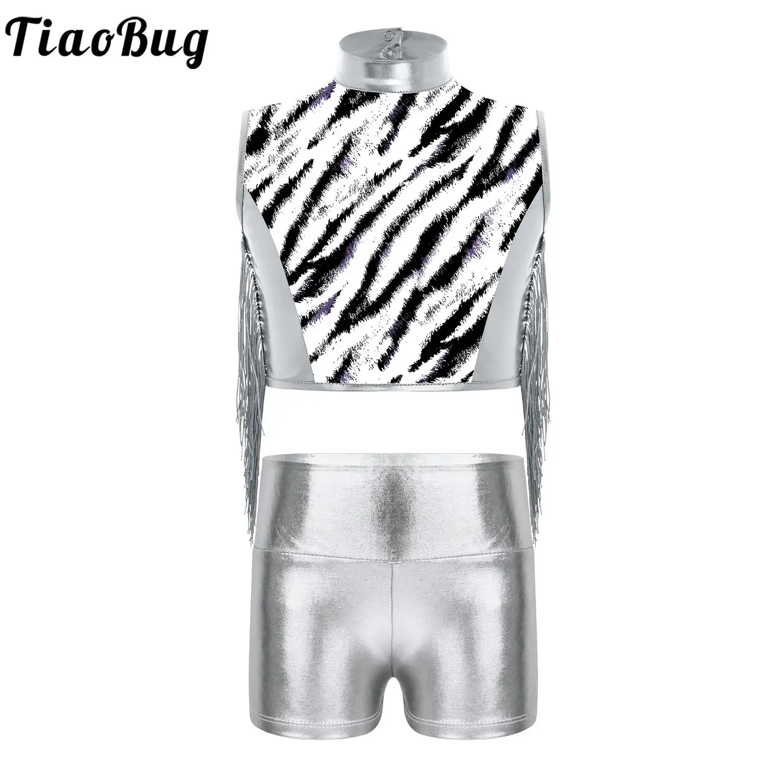 

Kids Girls Metallic Shiny Jazz Dance Gymnastics Outfits Sleeveless Tassel Crop Top with Shorts Hip Hop Street Dancing Costume