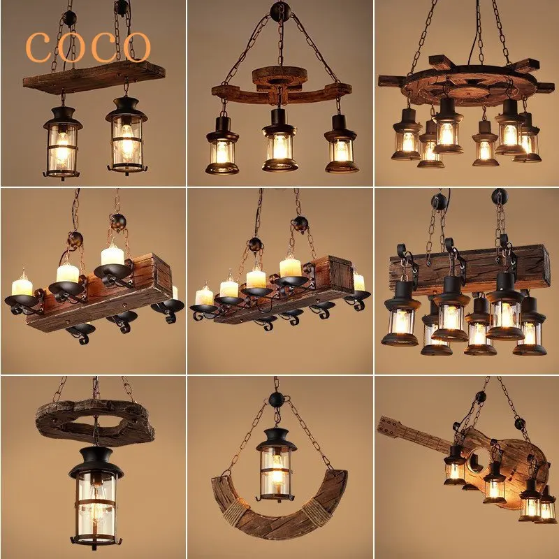 American Lustre Vintage Wood Chandelier Lamps Lighting Creative LOFT Luminaire Ceilling Pendant Lights for Bar Restaurant Drop