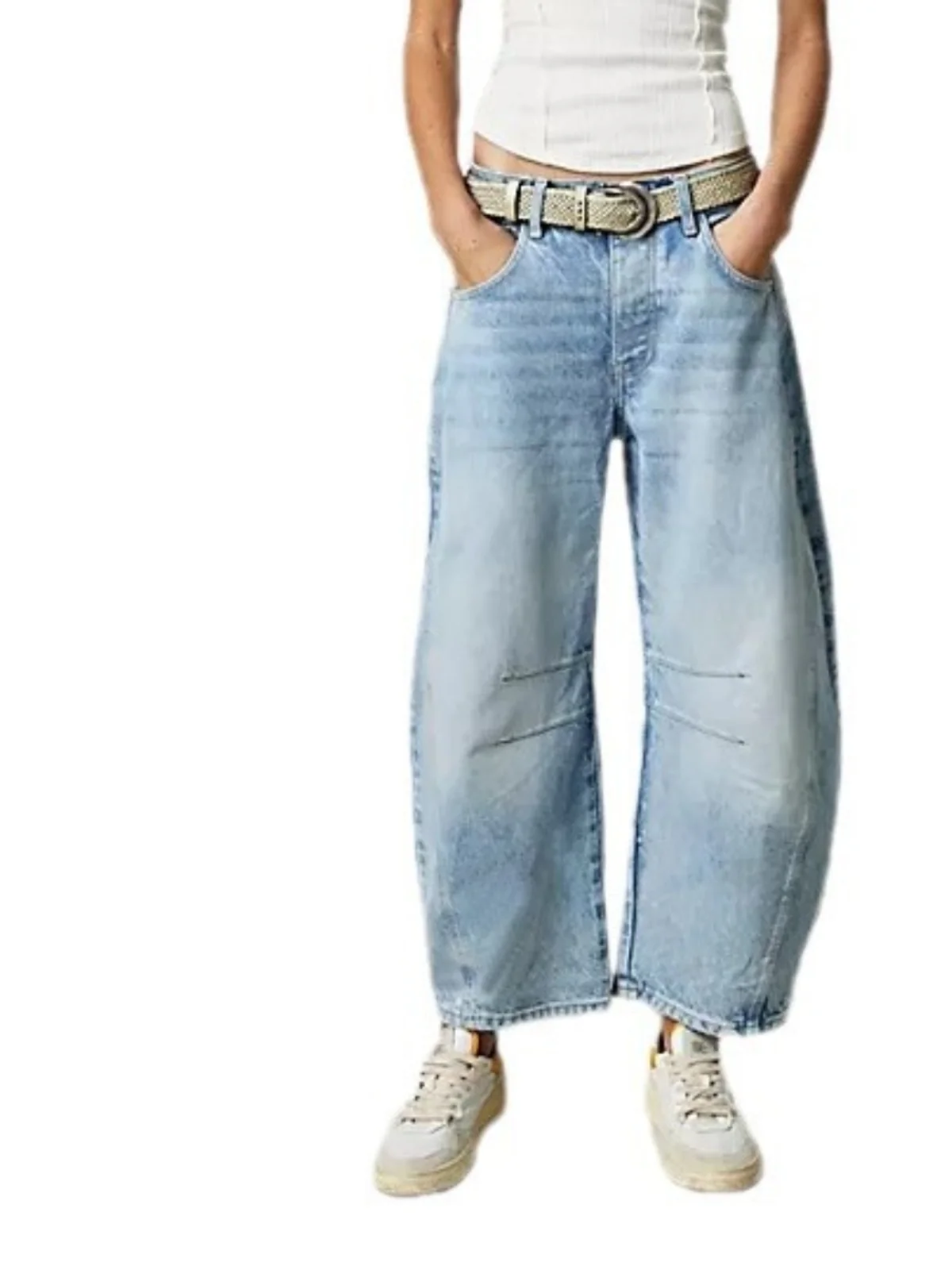 Calças Jeans Casuais Fenas Largas 2024 Outono Cintura Baixa Nove Pontos Denim Azul Calças Casuais Largas para Mulheres