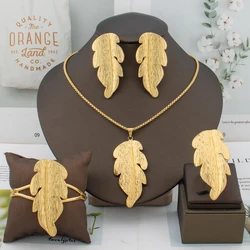 Simple Gold Color Copper Plant Leaf Earrings Chain Bangle Ring for Women Italy Fashion Statement Bracelet Necklace Jewelry Gift