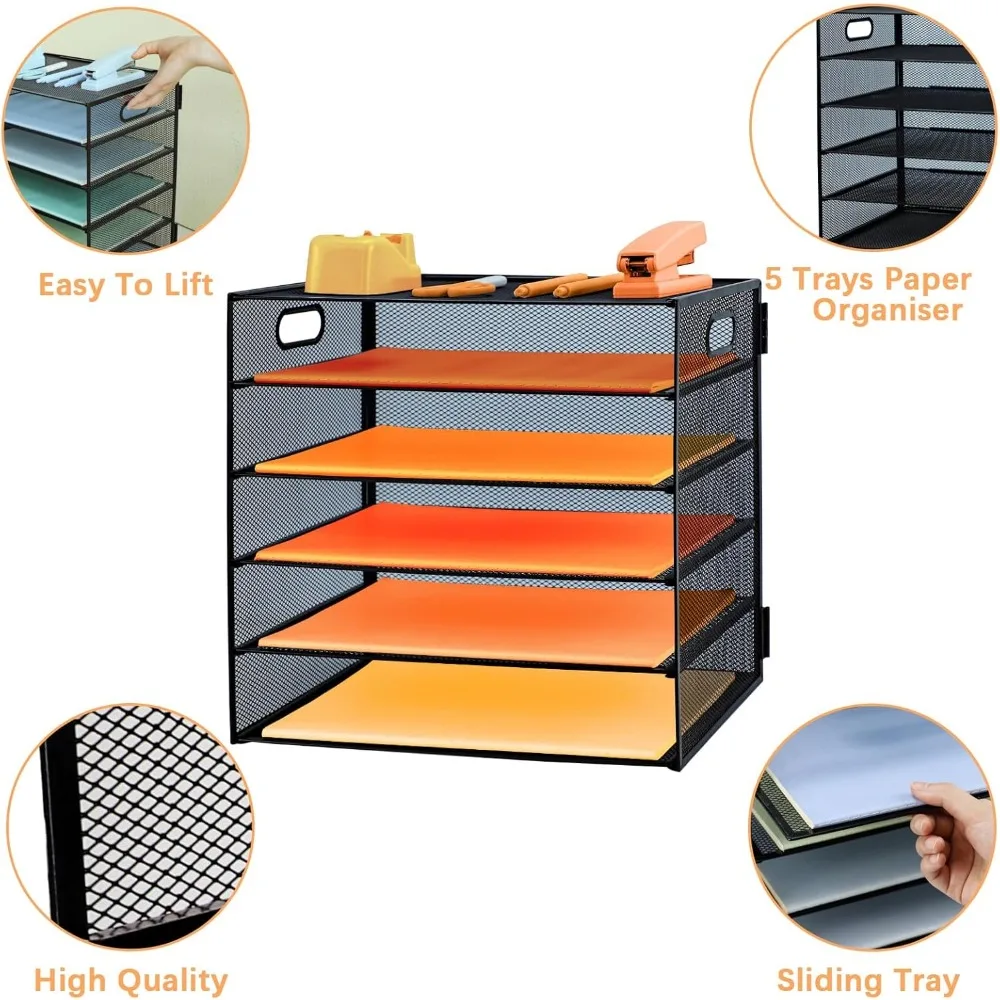 صينية حروف ورقية مكونة من 5 طبقات مع مقبض، منظم ملفات مكتب شبكي معدني مع صواني، صواني حفظ الملفات المكتبية الورقية مقاس A4، وثنائي المجلات
