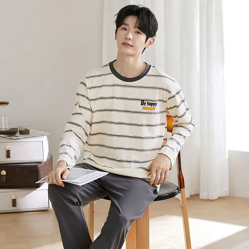 

Осень 2023, повседневные полосатые пижамные комплекты с длинными рукавами из 100% хлопка для мужчин, корейские свободные пижамы, мужская домашняя одежда, домашняя одежда