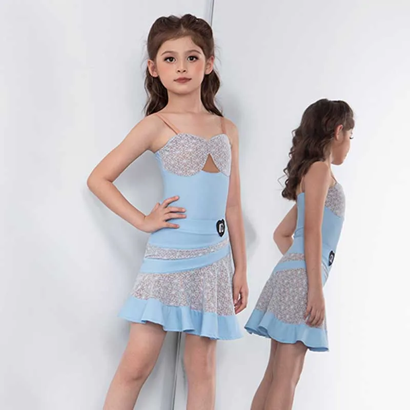 

Summer Blue Latin Costume Rumba Cha Cha Samba Stage Performance Practice Wear Lace Splicing Skirt Girls Dance Suit New AMY446