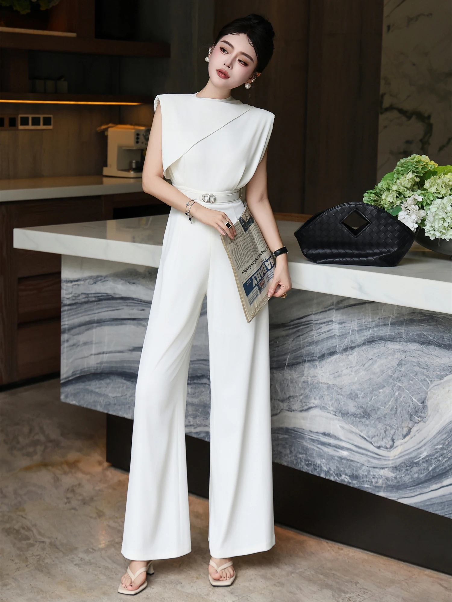

Ele Draped One-Piece Summer Slimming Concealing Svel Wide Leg Pants Commute Sle Polyester Fiber Midi Length