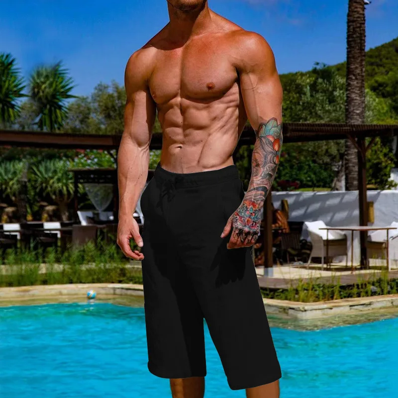 Men's Summer Shorts Beach Shorts Pocket Drawstring Elastic Waist Solid Color Comfortable And Breathable