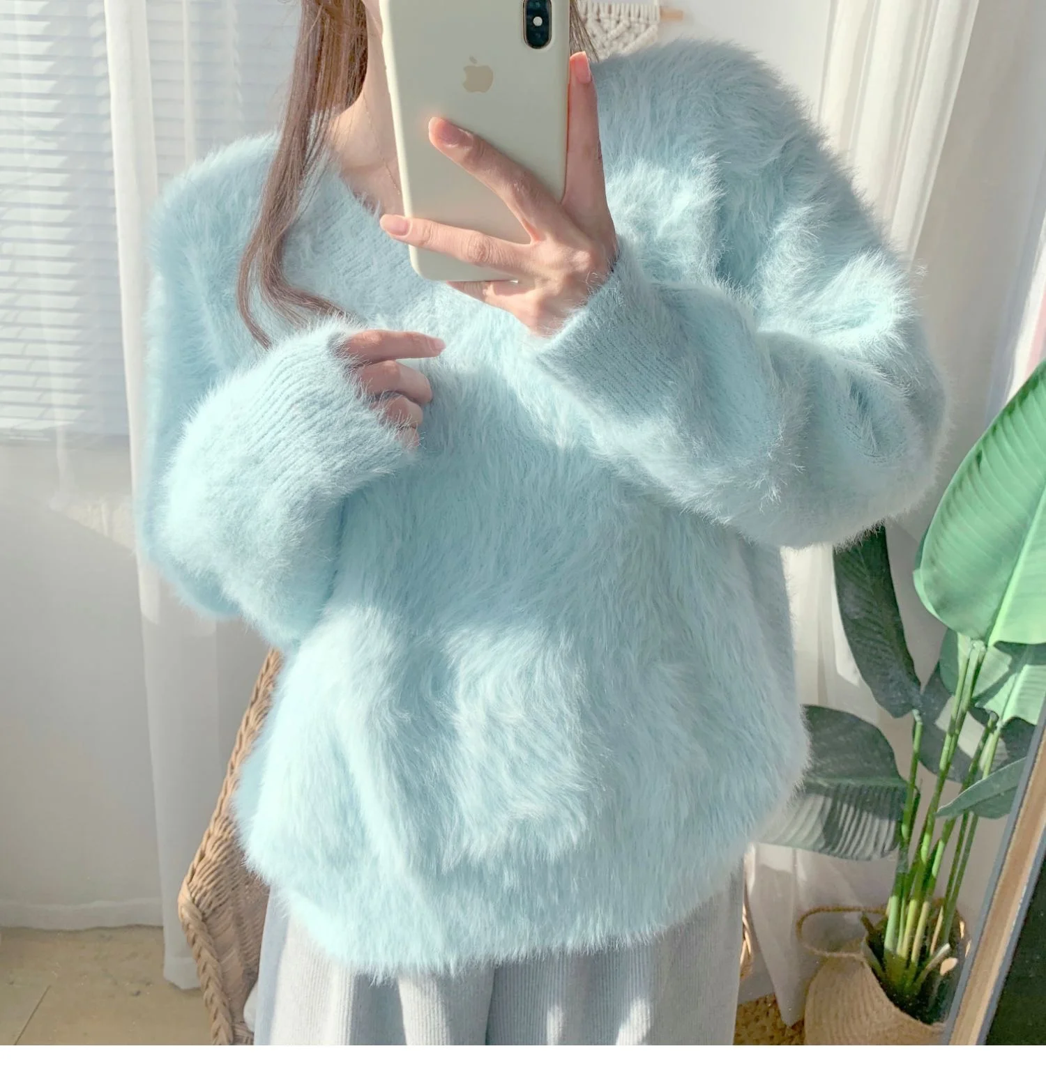 

Women's V-Neck Faux Mink Sweater Loose Lazy Style Outerwear Winter Warm Long Sleeve Knitted Top Straight Cut Pure Color Commute