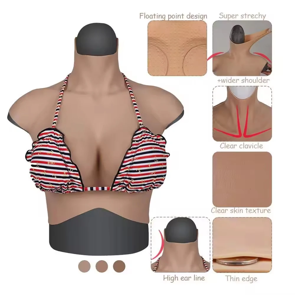 Crossdresser Fake Boobs Artificial Silicone Breast Forms Sissy High Collar Fake Chest Transgender Shemale Cosplay Crossdress