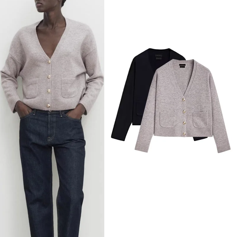 

ay mat Женский вязаный свитер с V-образным вырезом и двойными кетами для поездок на работу Sle из полиэфирного волокна Long Sve Regular L...