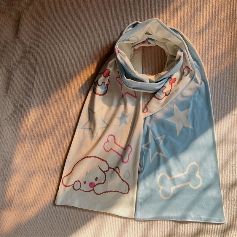 Japanese Fashion Cartoon Streetwear Scarves Y2k Aesthetic Girl Printing Scarf Harajuku Two-sided Warmth All Match Neckerchief