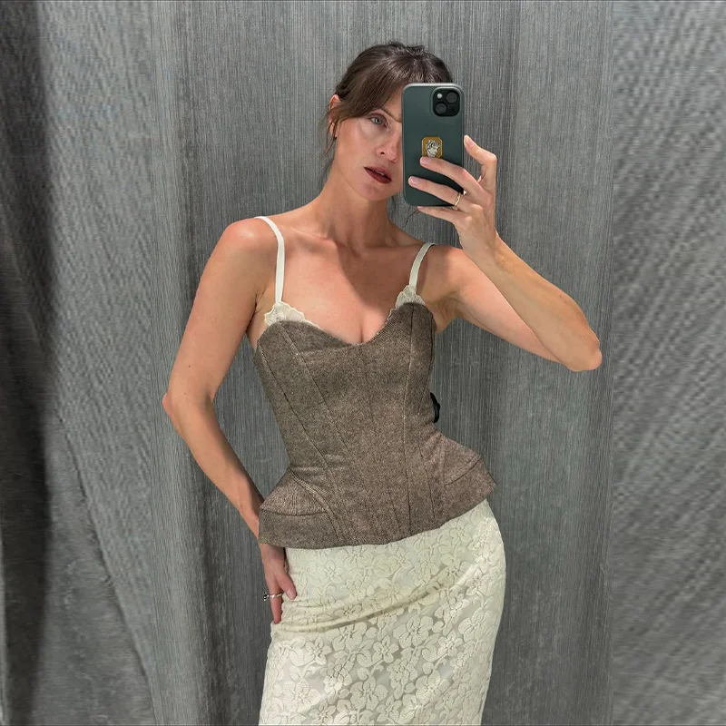 Sexy Sling Fishbone Top Women V Neck Backless Patchwork Lace Zipper Tops Female 2026 New Chic Fashion Party Evening Corsets Lady