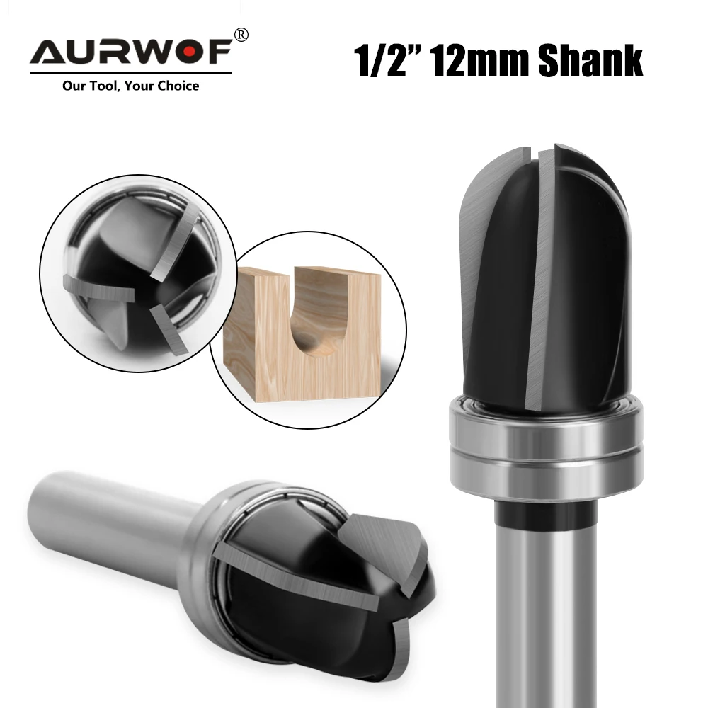 AURWOF 1pc TCT 3 Flute Round Nose Router Bit 12mm & 1/2