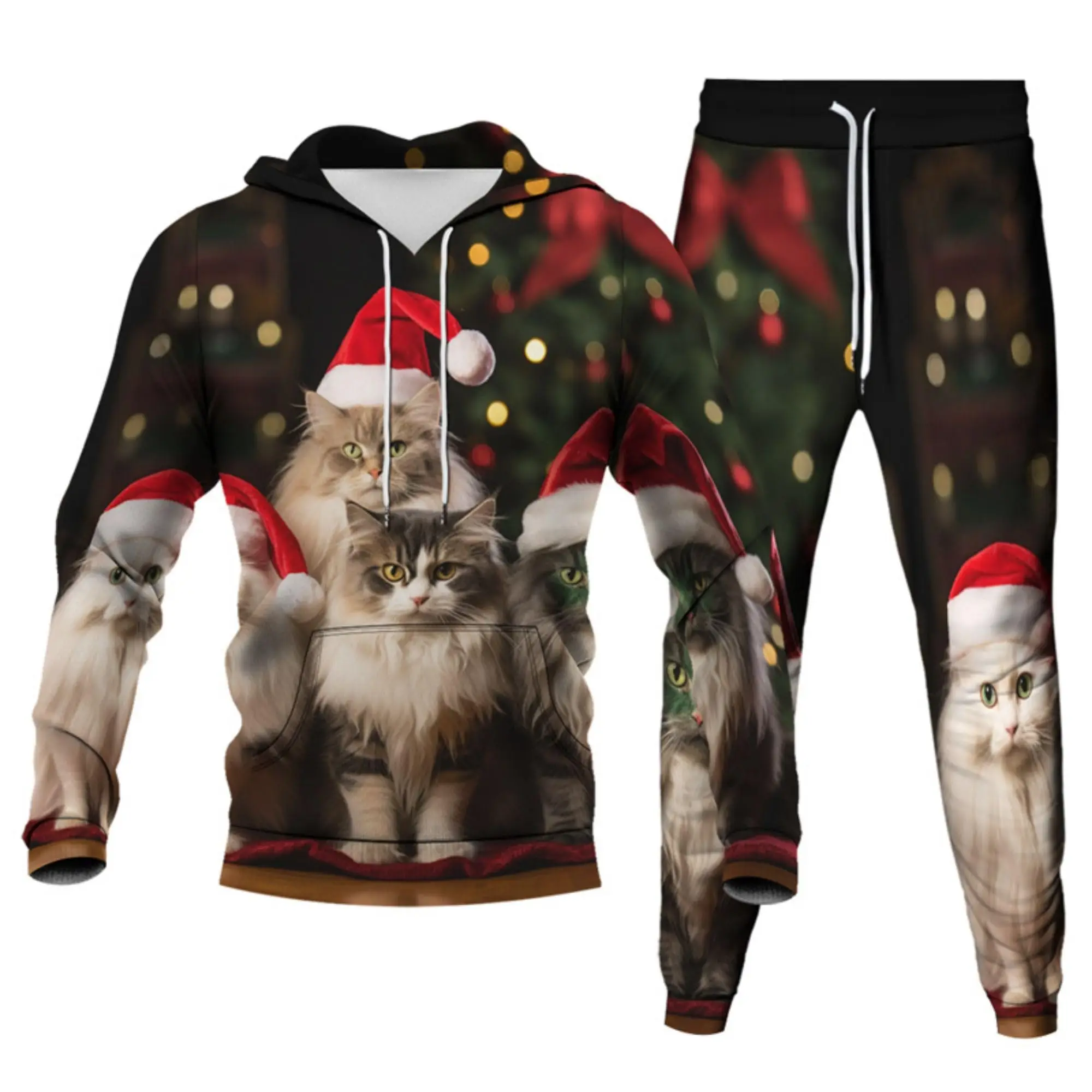 Unisex 3D Christmas Cat Printed Men Women Novelty Xmas Hoodie Adult Kid Two Pieces Tracksuits Sweatshirts Joggers Sweatpants Set