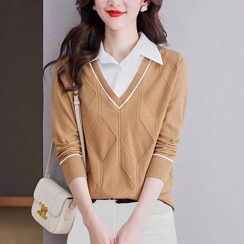 2024 New Spring Fake Two Pieces Knitwear Women\'s Sweater Fashion Shirt Collar Knitted Pullover Tops Casual Female Jumper Full