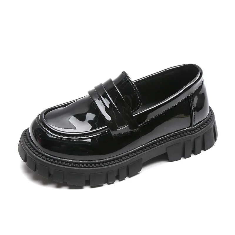 Girls Princess Black Loafers Shoes Child Glossy Student Shoes Classic Metal Chain Kids Fashion Casual Toddler British Mary Janes