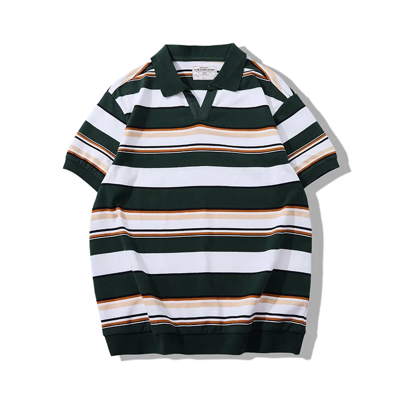 

American Retro 100% Cotton 230g Thick Heavyweight Seagull Collar Striped T-shirt Sea Soul Striped Short Sleeved Polo Shirt