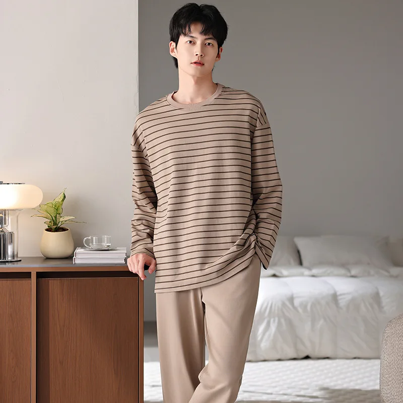 한국 젊은 남성 잠옷 코튼 크루 넥 스트라이프 긴팔 바지 캐주얼 대형 루즈 청소년 Loungewear 정장 잠옷