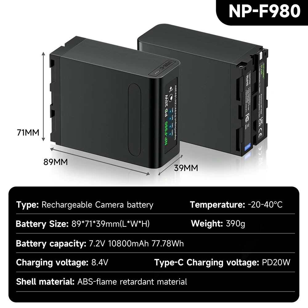 NP-F990 F980 F970 F750 بطارية مع PD30W شحن سريع لسوني NP F980 F970 F960 F750 F570 NEX-EA50C HXR-HD1000C VL-D85T ضوء