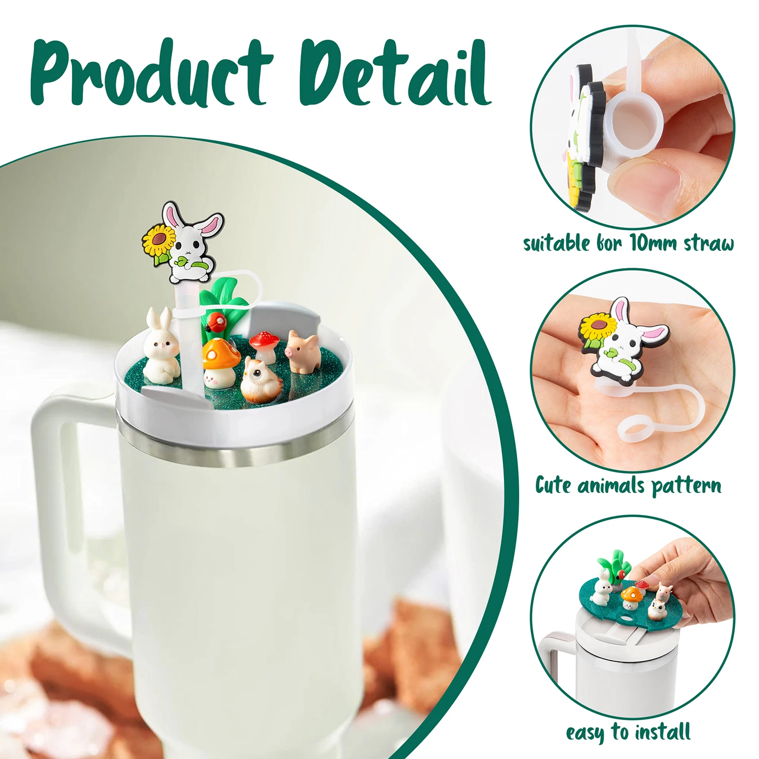 2pcs Cup Lid Rabbit Accessories Charms Fit For Stanley Cups H2.0 Accessories 30oz 40oz With Silicone Straw Cover Cap For Tumbler