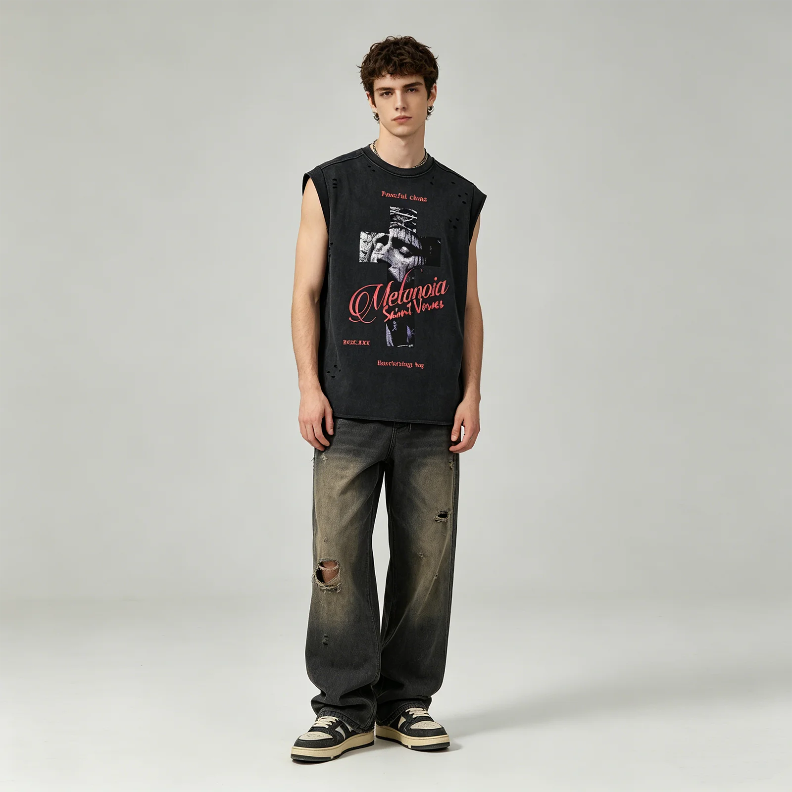 Vintage Cross Tank Tops Y2k Men Summer Oversize Sleeveless Black Gray Tshirt Hole Cut Washed Ripped Tee Cotton Streetwear