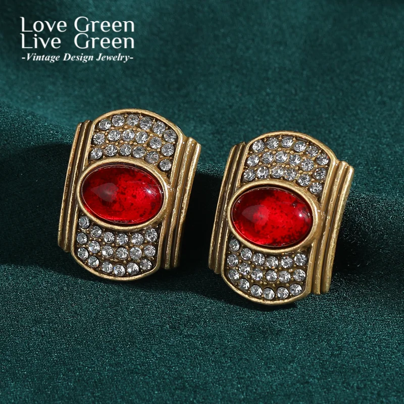 

Vintage Red Glaze Oval Stud Earrings Gold Color Rhinestones Luxury Jewelry Designer Charms Fashion Thanksgiving Christmas 2025