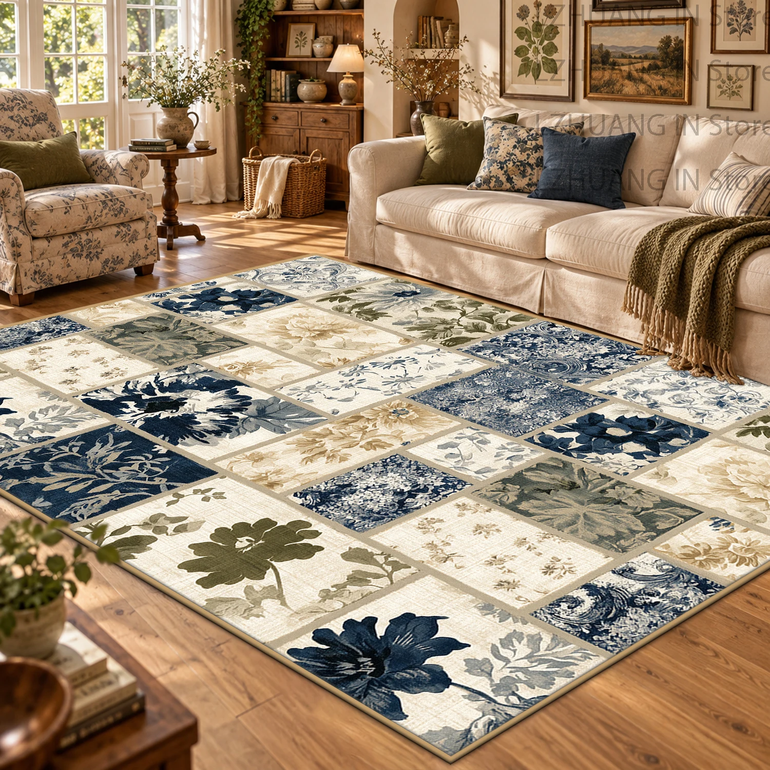 Vintage Pastoral Patchwork Floral Large Area Carpet Soft Washable Short Velvet Living Room Rug Non-slip Floor Mat for Home Decor