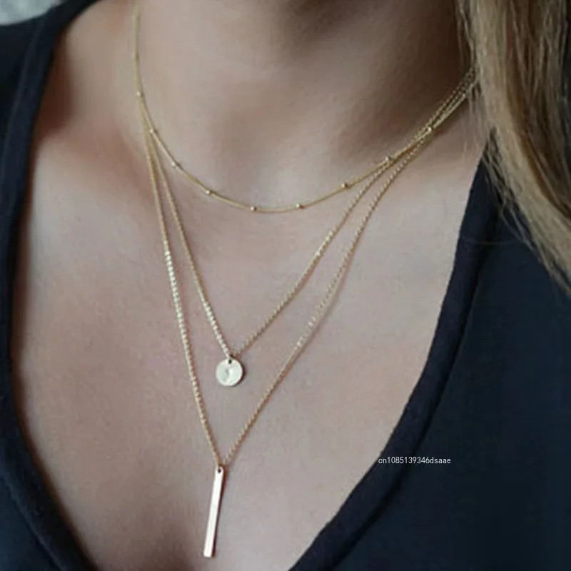 Multi-layer European and American Fashion Jewelry New Copper Bead Chain Sequin Metal Strip Necklace Round 1 Word Long Necklace