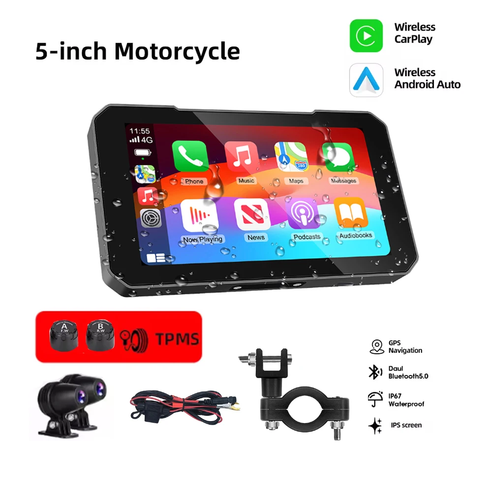 

5-дюймовый экран для мотоцикла CarPlay, поддержка записи двойной камеры с беспроводным CarPlay и Android Auto IP67 Waterpr