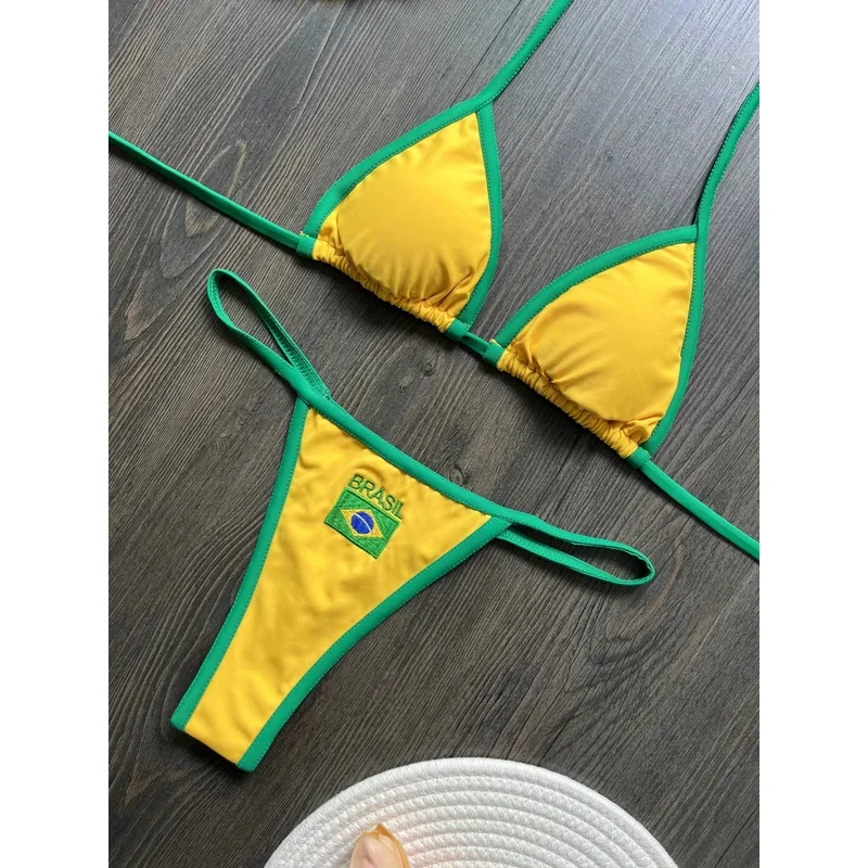 Embroidery Brasil Flag Contrast Split Bikini Set Women Swimwear Patchwork Swimsuit Hottie Outfit SummerBeachwear - Image 4