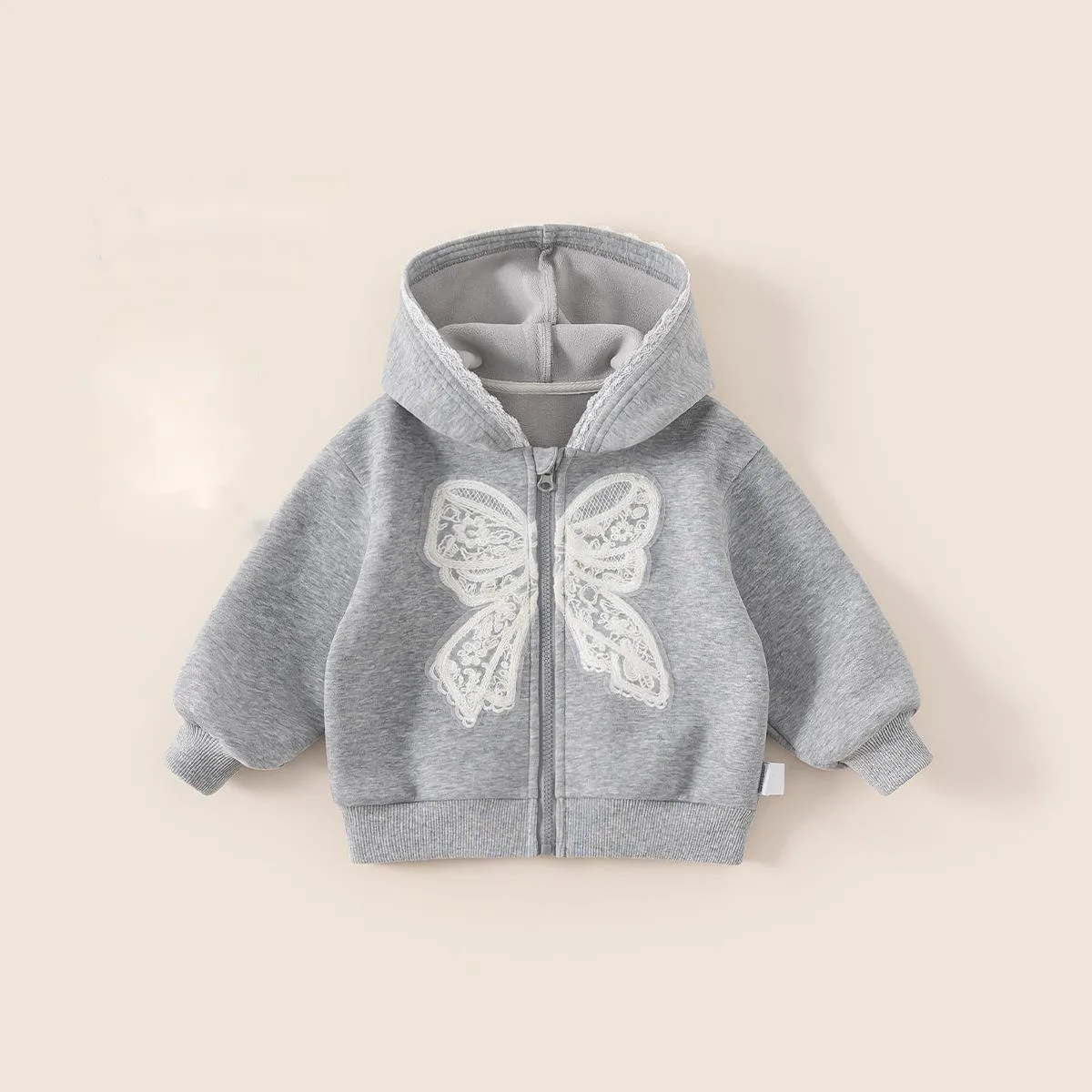 

Autumn Winter Children Hoodies 1-10Y Girls Warm Fleece Bow Zipper Hooded Sweatshirts Korean Tops Toddler Outerwear Kids Clothing