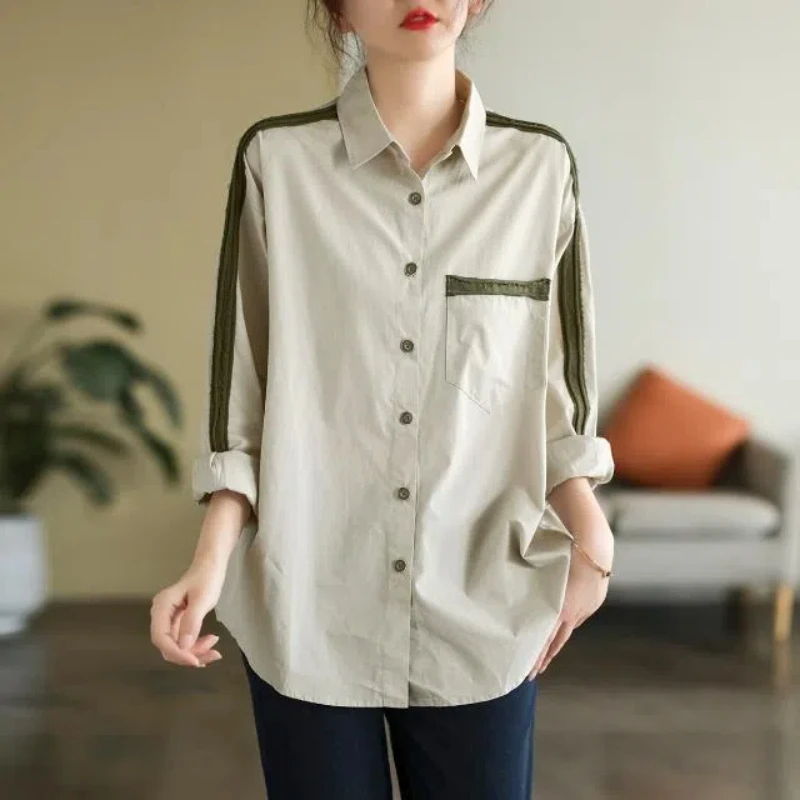 Spring Autumn Women\'s 2024 New Splicing Polo Collar Button Pocket Fashion Solid Minimalist Casual Long Sleeve Blouses Shirts