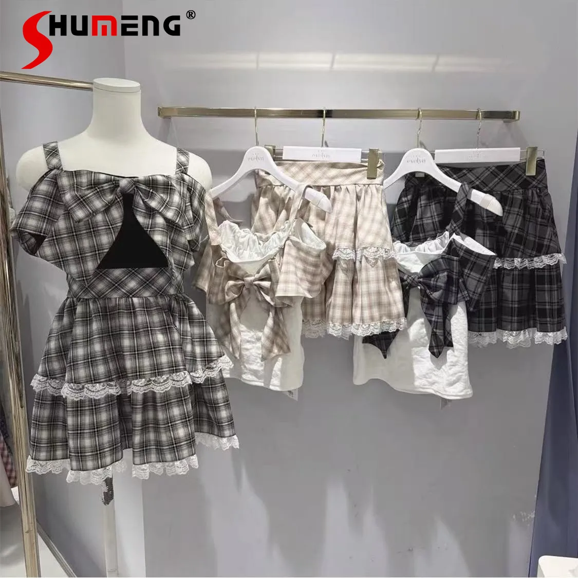 

Japanese Elegant Sweet Off-shoulder Flying Sleeve Short T-shirt Top Lace Spliced Plaid Skirt Two-piece Set for Women Summer 2026