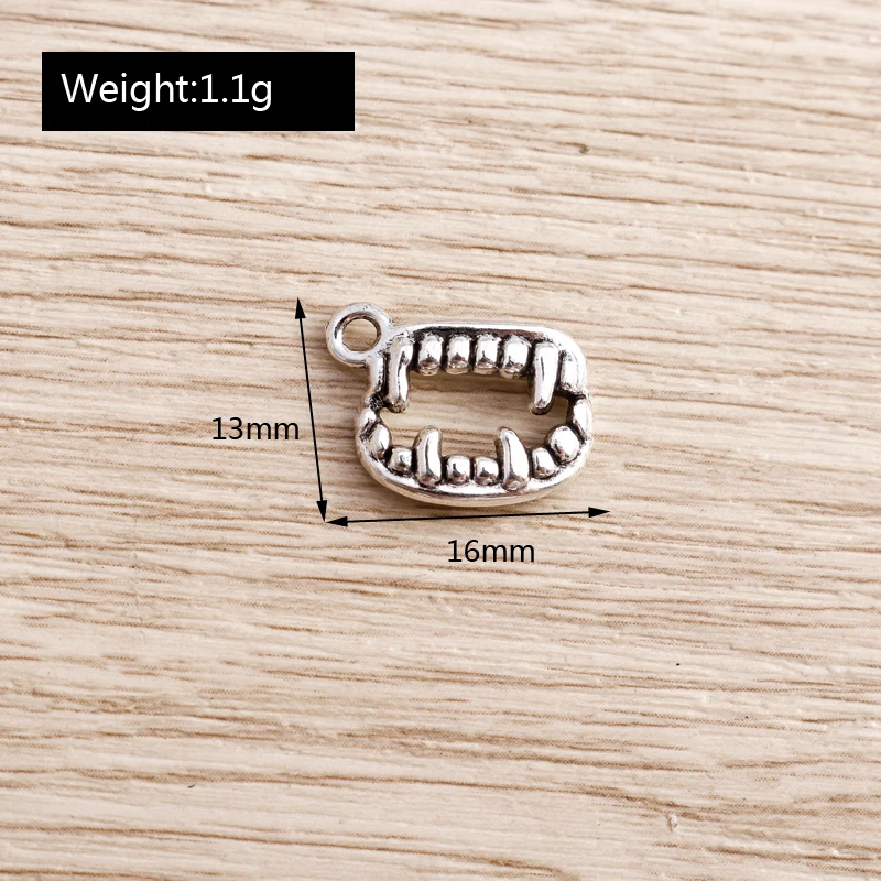 Tusember 20 Stück 13 x 16 mm antiksilberfarbene Vampirzahn-Anhänger für Halsketten, Ohrringe, handgefertigte Schmuckstücke, DIY-Schmuck – Detail 2