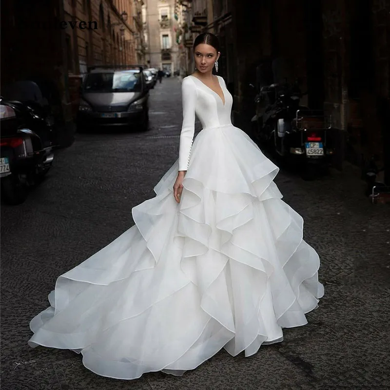 

Smileven Organza Wedding Dresses LonG Sleeve A Line V Neck Tiered Bride Dress Vestido de novia Court Train Wedding Gowns 2024