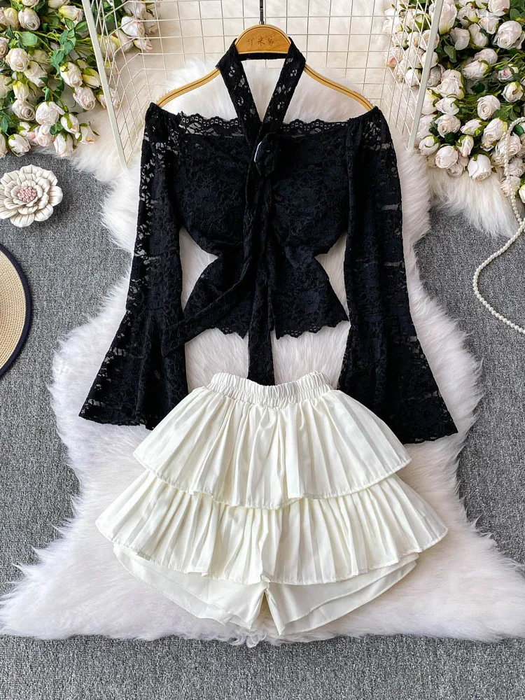 

Pure Desire Sexy One-oulder Flared Sve Top with High Waist Slimming Lace Trim Cake Skirt Pants Two-Piece Set for Women