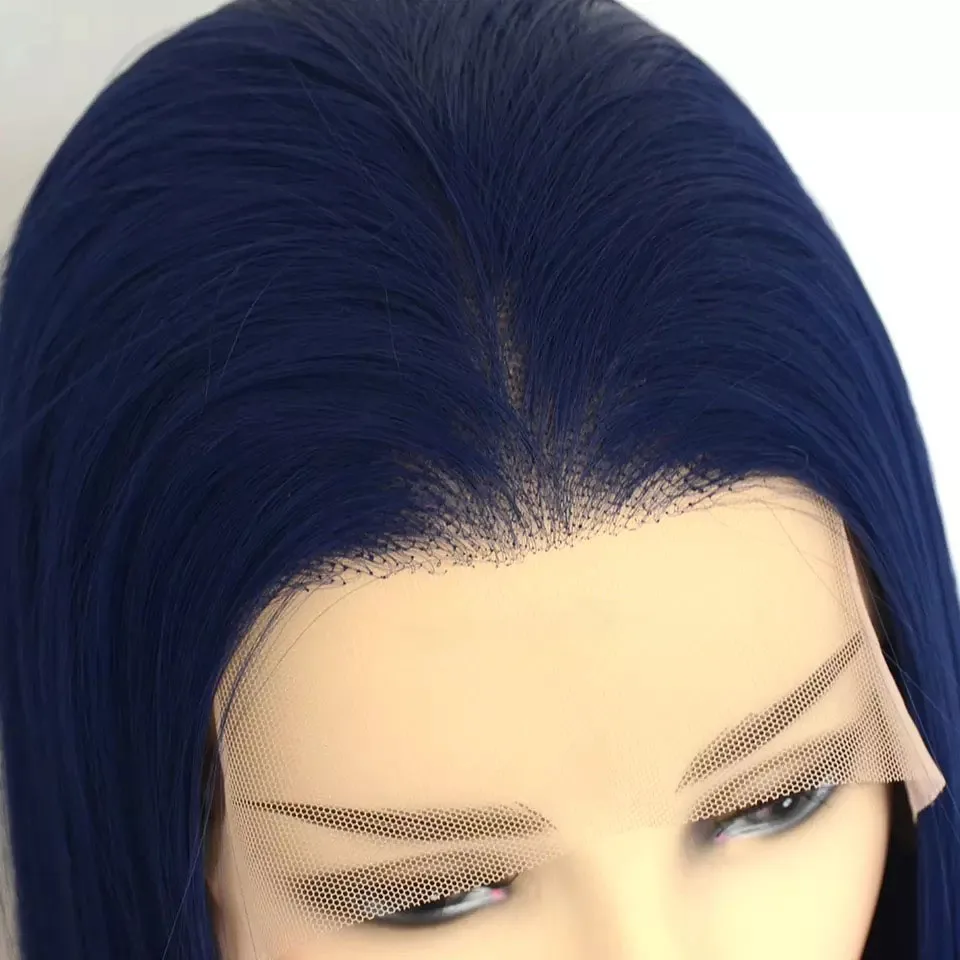 Soft Long Dark Blue Silk Straight Lace Front Wig 26Inch 180Density For Black Women Baby Hair Glueless Synthetic Preplucked Daily