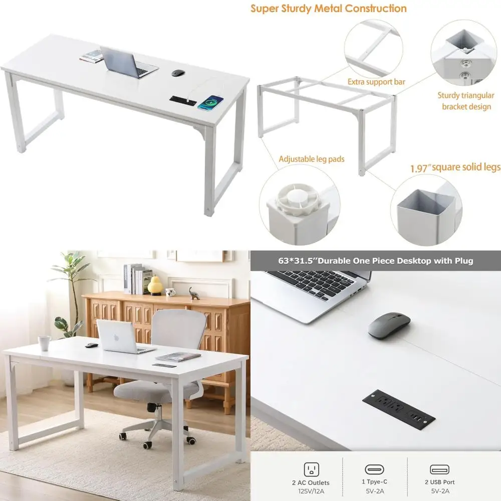 

63 Modern Wood Home Office Desk with USB Ports for Study, Writing, and Gaming