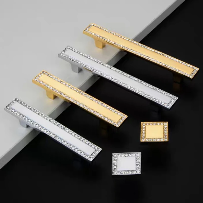 Zinc Alloy Crystal Diamond Furniture Decoration Knob Gold Silver Kitchen Cabinet Handle Drawer Dresser Cupboard Knob Door Pull
