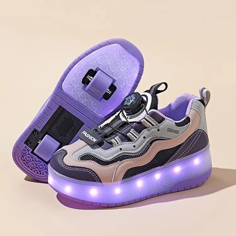 

Girls Roller Skate Breathable Woven Mesh Lightweight Skate Board Shoes Kids Sneakers Remove Wheels Luminous Sport Roller Shoes