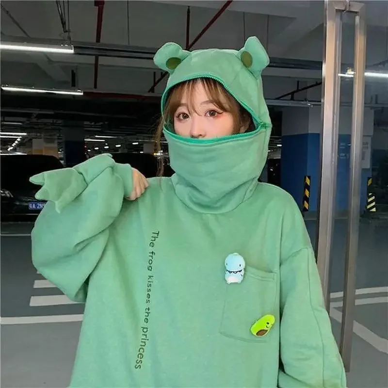 

Harajuku Women Hoodie Frog Pullover Winter Sense Hooded Casual Sweatshirts Autumn Embroidery Loose Top Doll Decoration Hoodies