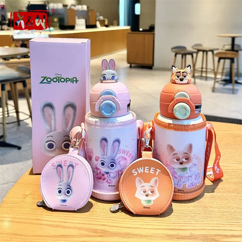X&W Disney Judy Nick Children's Warm Cup Cart Hot and Cold Beverage Cups Straw Water Bottle with Cup Cover and Wallet Swap