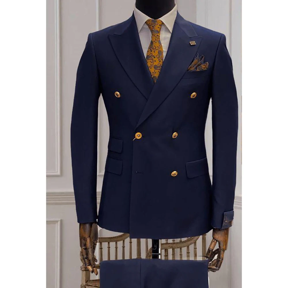 

Handsome Navy Blue Men's Suits Double Breasted Notch Lapel 2 Piece Jacket Pants Formal Causal Daily Fashion Chic Office Outfits