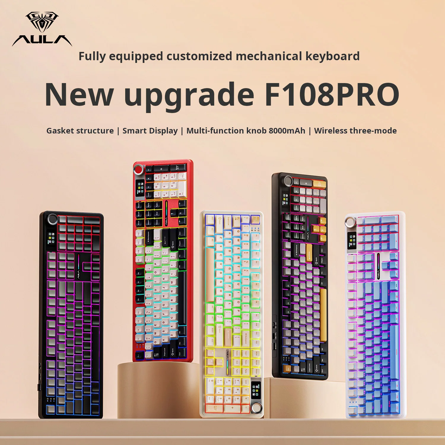 AULA F108pro Mechanical Keyboard Three-mode Bluetooth /2.4G/ Wired Customized Full-key Hot-swapable Gasket Structure RGB Light e