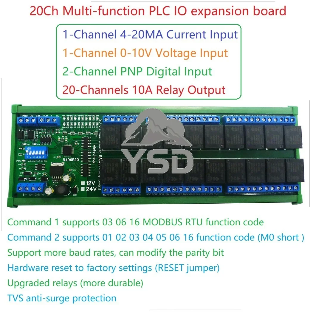 20ch Multifunction RS485 Relay Board 20DO 2DI 2AI PLC IO Expanding Module Modbus RTU 4-20MA 0-10V Current Voltage Input