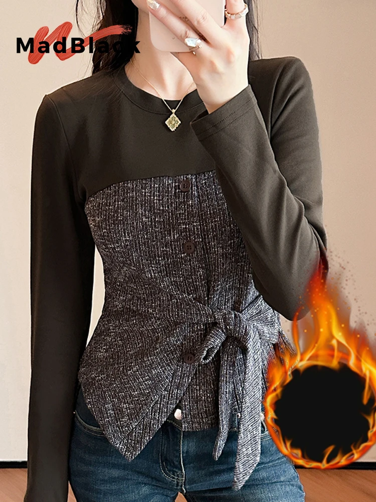 

MadBlack-Женская европейская матовая футболка, сексуальная лоскутная футболка с круглым вырезом и бантом, модная тонкая футболка S-3XL с длинными рукавами, осенняя новинка 2025 T5N406CC