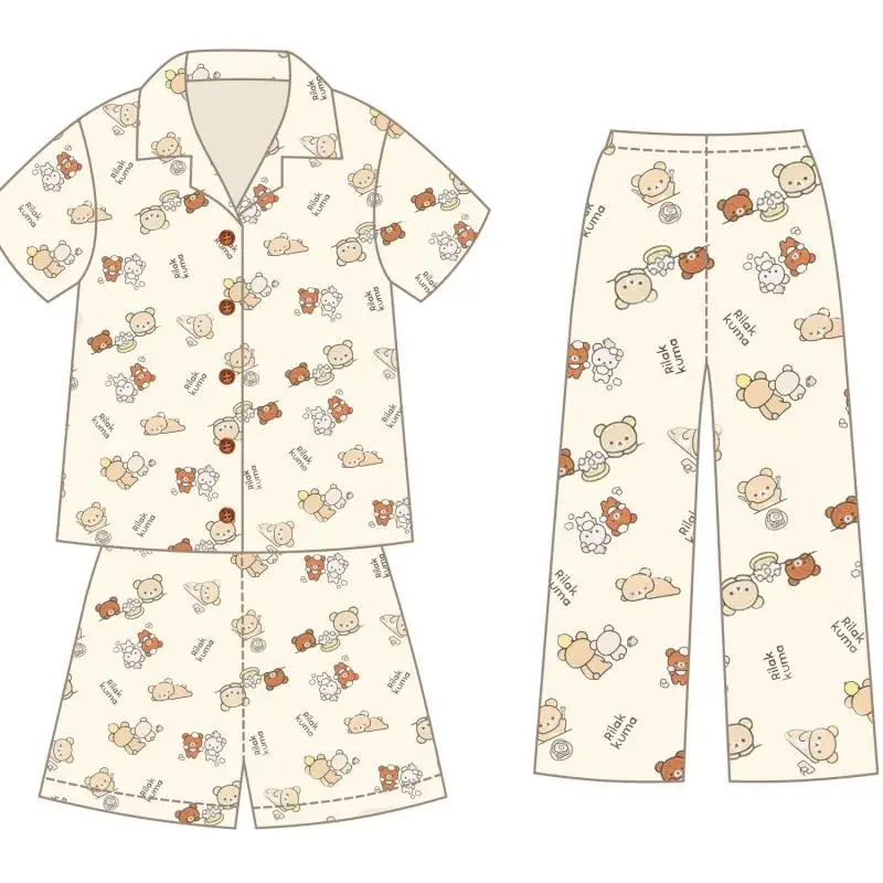 New Kawaii Cute Rilakkuma Pajamas Summer Loose Short Sleeved Pants Three Piece Set for Otaku Loungewear Ins Gift For Girls