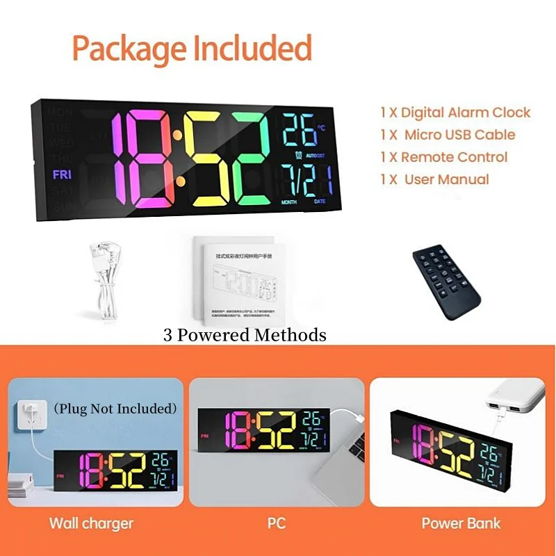 15,24 Zoll Große Digitale Wanduhr mit Fernbedienung, Stimmungslicht in 8 RGB-Farben, 2 Weckfunktionen, Countdown, 12/24-Stunden-LED-Wecker zur Dekoration – Detail 3