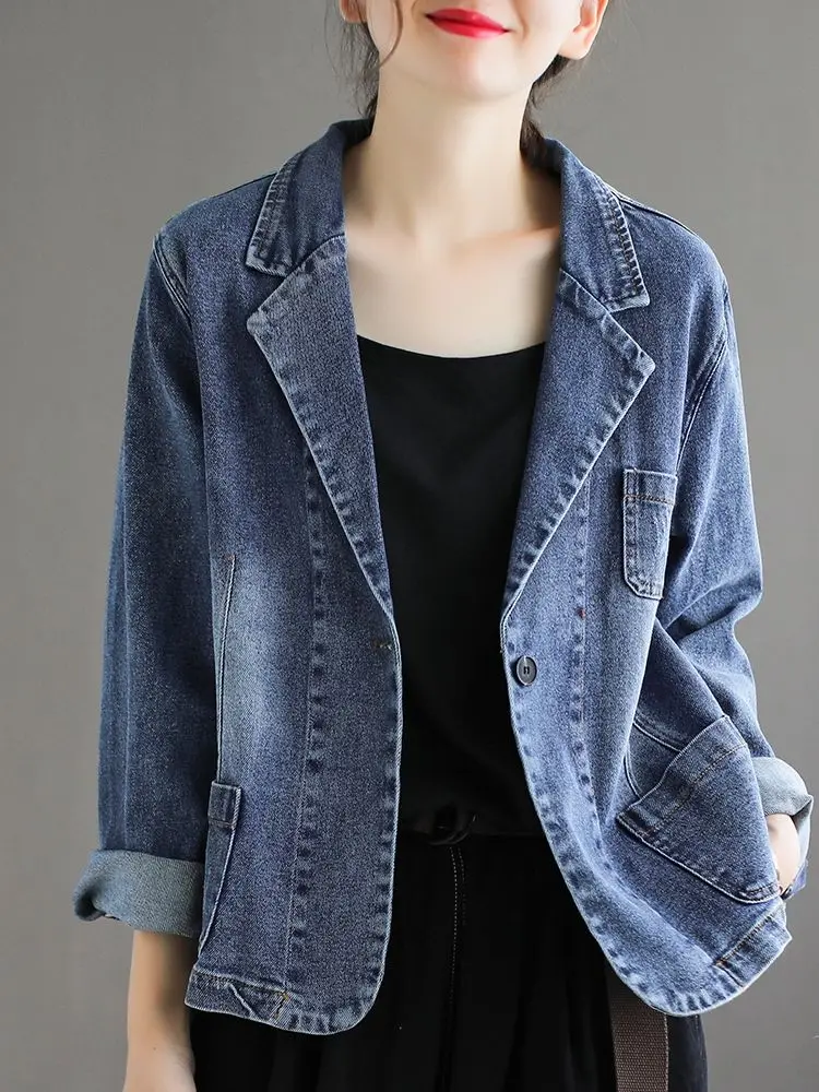 Women Blazers Spring and Autumn Outwear Denim Coat Single Botton Pockets Jacket