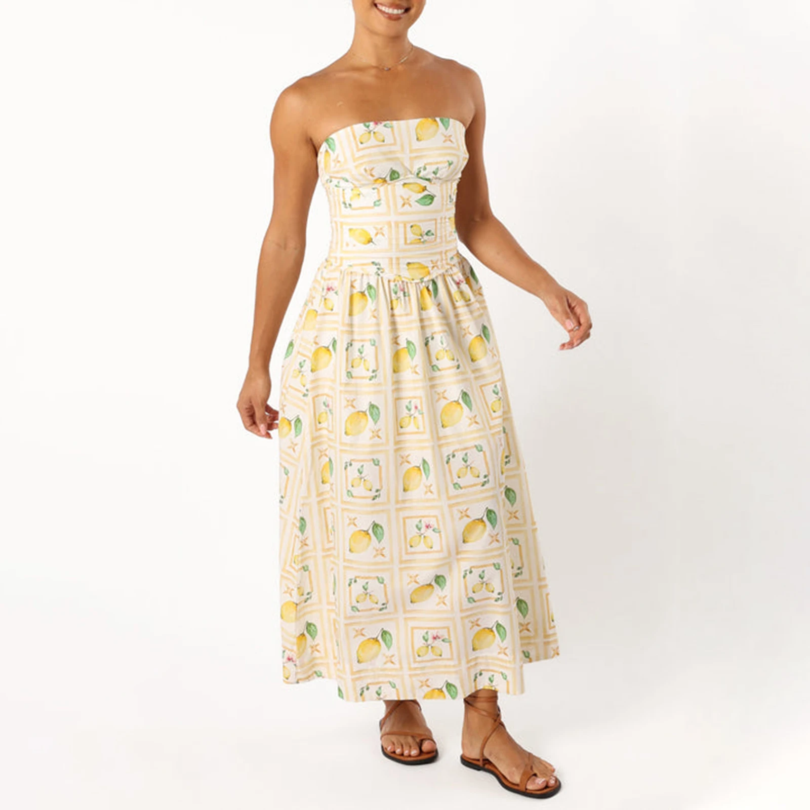 Women's Lemon Print Beach Dress Summer Sleeveless Spaghetti Strap Ruched Long Dress Female Ladies Flowy Dress