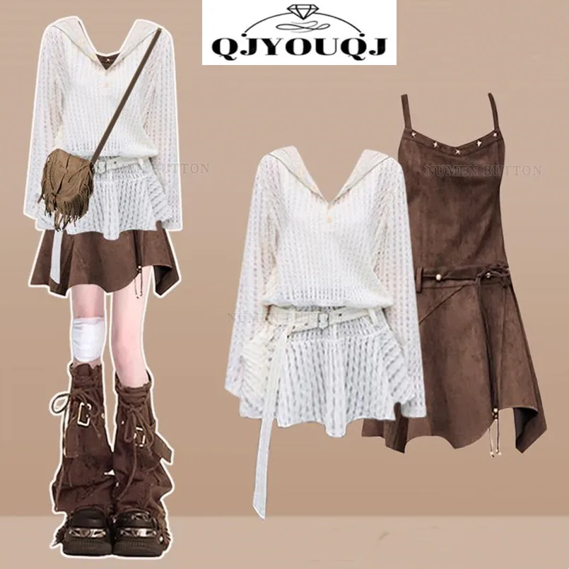 

Весенне-осенний новый дизайн, модный полый топ с капюшоном + платье с ремешками в стиле ретро, комплект из двух предметов