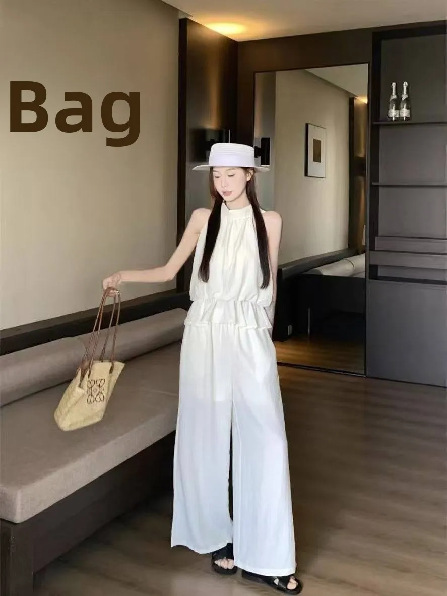 

Elegant Commute Versatile Wheat Peach Blossom High Waist Slim Wide Leg Pants Women Summer Casual Lazy Two Piece Set
